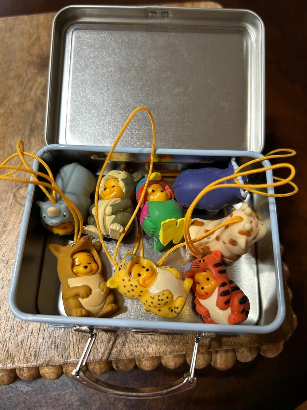 Vintage Disney 2000 Peek-A-Pooh Lot of 8 Phone Charms & Winnie Tin Box Bundle